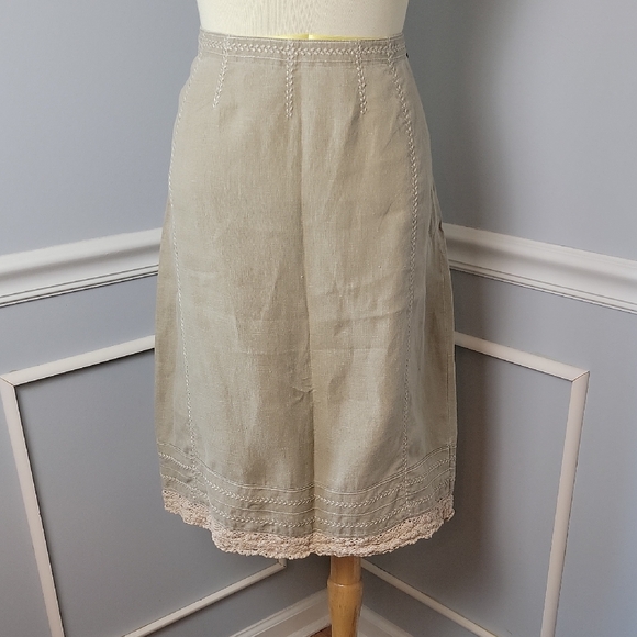 J. Jill Dresses & Skirts - J.‎ JILL Taupe 100% Linen Embroidered Crochet Side Zip Boho Cottage Pencil Skirt